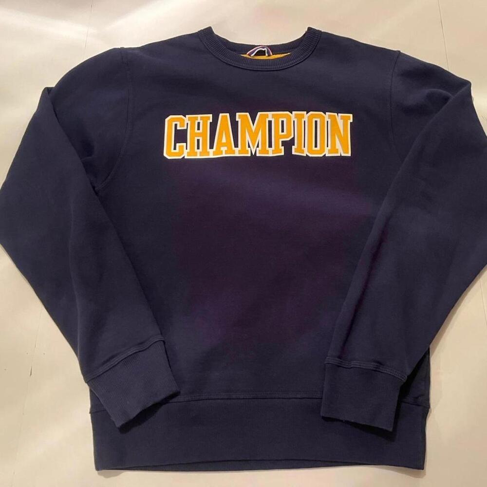 Classic Champion Lettering Crewneck, Navy with Yellow Letters, Sized Small